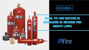 A esquerda contém 6 cilindro vermelho com a descrição da imagem, ansul-fm-200-sistema-de-combate-de-incendio como fundo cinza