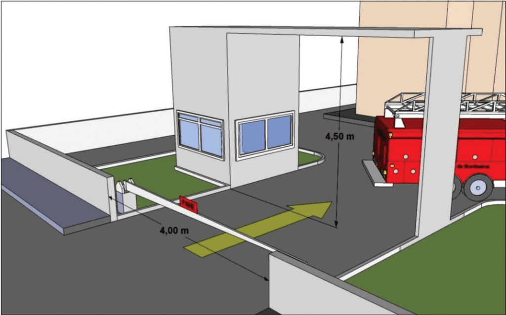 Ilustração com uma estrada, um portão e o veículo demonstrando a largura e altura mínima do portão de acesso à edificação.